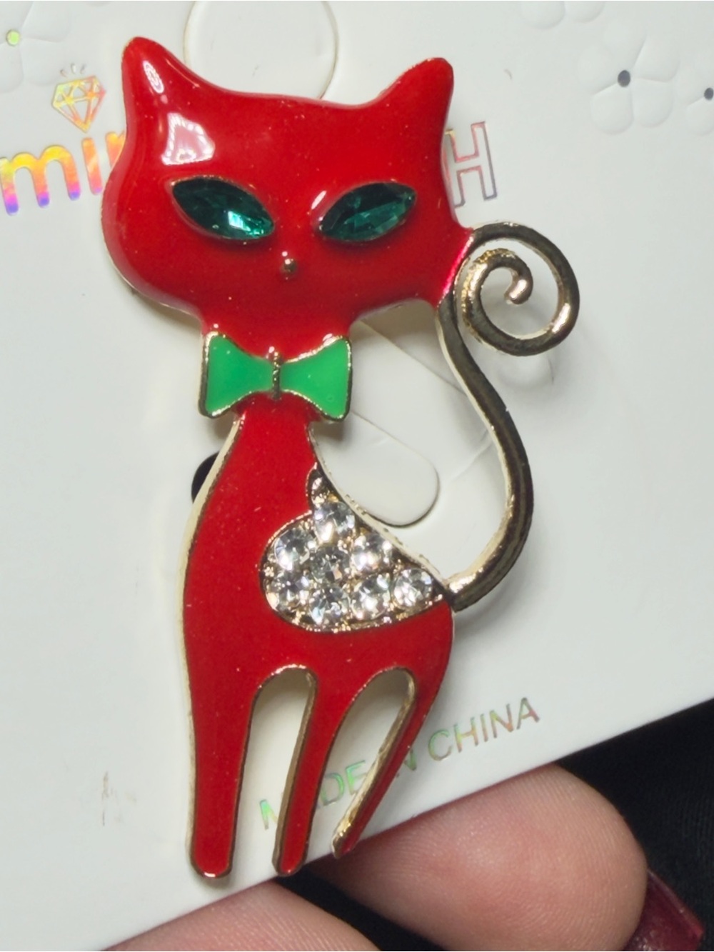 Red Cat Enamel Brooch with Green Bow and Crystal Accent - Brand: MINT